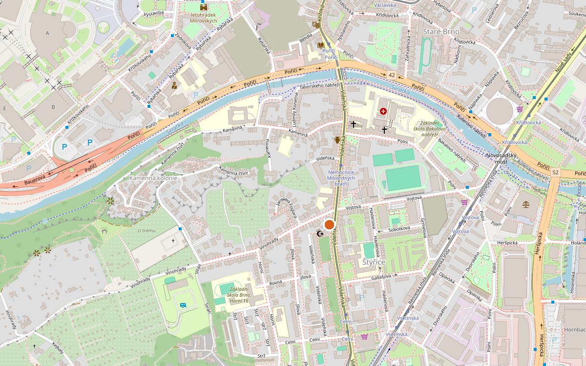 Mapa s vyznačenou adresou Vídeňská 249/36, 639 00 Brno–Štýřice